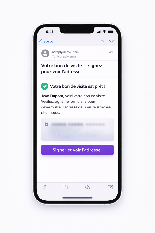 Email reçu par le client pour signer le bon de visite